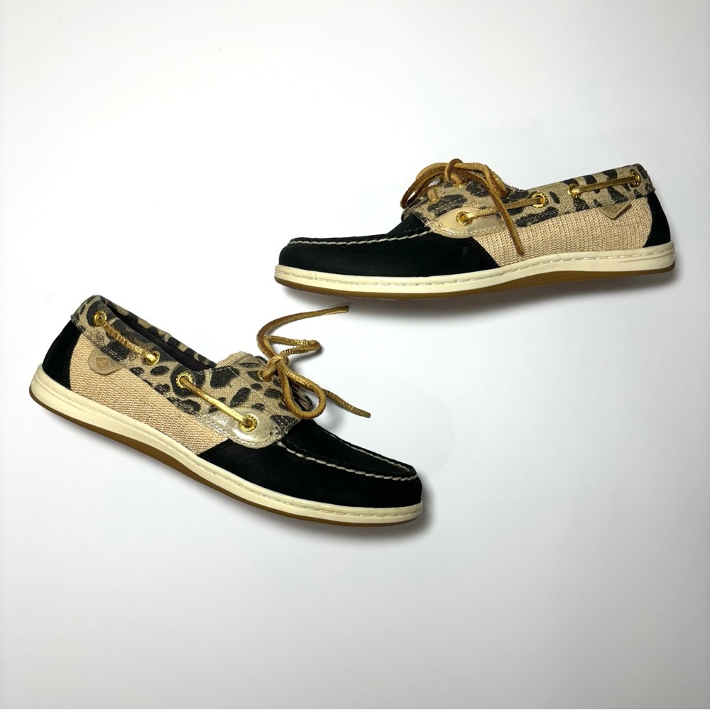 SPERRY Bluefish Boat Shoe Loafer Black Tan Cheetah Print Suede Leather Preppy